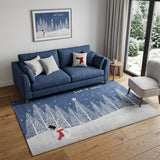 5' X 8' Blue And White Winter Snowman Washable Area Rug With UV Protection