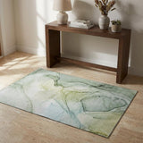 3' X 5' Green And Ivory Abstract Washable Area Rug With UV Protection