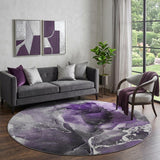 8' Purple And Charcoal Abstract Washable Round Rug With UV Protection