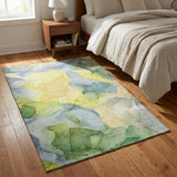 3' X 5' Yellow Blue And Beige Abstract Washable Area Rug With UV Protection