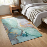 3' X 5' Teal Gold And Ivory Abstract Washable Area Rug With UV Protection