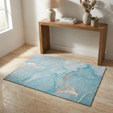 3' X 5' Teal And Ivory Abstract Washable Area Rug With UV Protection