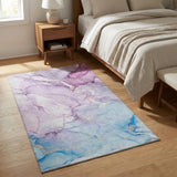 3' X 5' Purple Blue And Ivory Abstract Washable Area Rug With UV Protection
