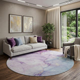 8' Purple Blue And Ivory Abstract Washable Round Rug With UV Protection