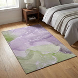 3' X 5' Purple Green And Ivory Abstract Washable Area Rug With UV Protection