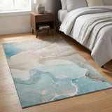 3' X 5' Teal Beige And Ivory Abstract Washable Area Rug With UV Protection