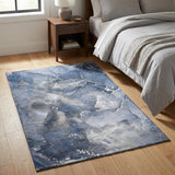 3' X 5' Navy Blue And Ivory Abstract Washable Area Rug With UV Protection