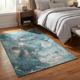 3' X 5' Teal And Ivory Abstract Washable Area Rug With UV Protection