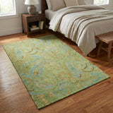 3' X 5' Fern Green And Blue Paisley Washable Area Rug With UV Protection