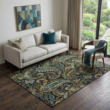 5' X 8' Black Blue And Green Paisley Washable Area Rug With UV Protection