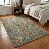 3' X 5' Chocolate Blue And Green Paisley Washable Area Rug With UV Protection