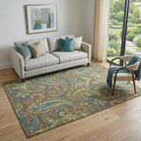 5' X 8' Chocolate Blue And Green Paisley Distressed Washable Area Rug With UV Protection