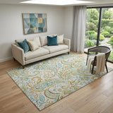5' X 8' Ivory Blue And Green Paisley Distressed Washable Area Rug With UV Protection