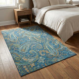 3' X 5' Navy Blue Green And Gold Paisley Distressed Washable Area Rug With UV Protection