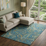 8' X 10' Navy Blue Green And Gold Paisley Distressed Washable Area Rug With UV Protection