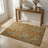 3' X 5' Rust Blue And Green Paisley Washable Area Rug With UV Protection