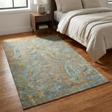 3' X 5' Taupe Green And Blue Paisley Washable Area Rug With UV Protection