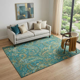 5' X 8' Teal Green And Gold Paisley Washable Area Rug With UV Protection