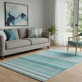 5' X 8' Teal Gray And Ivory Striped Washable Area Rug With UV Protection