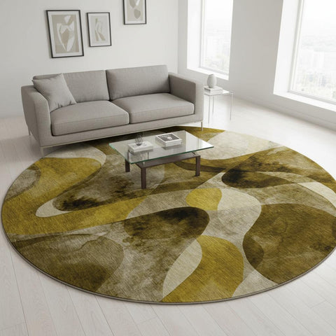8' Coffee Gold And Ivory Abstract Washable Round Rug With UV Protection