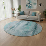 8' Teal And Ivory Abstract Washable Round Rug With UV Protection