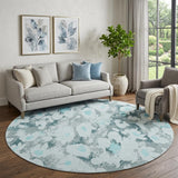 8' Teal Gray And Ivory Floral Washable Round Rug With UV Protection