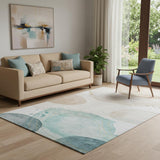 5' X 8' Beige Ivory And Teal Abstract Washable Area Rug With UV Protection
