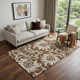 5' X 8' Brown And Ivory Floral Washable Area Rug With UV Protection