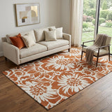 5' X 8' Rust And Ivory Floral Washable Area Rug With UV Protection
