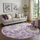 8' Purple And Ivory Floral Washable Round Rug With UV Protection