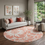 8' Salmon And Ivory Floral Washable Round Rug With UV Protection