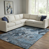 8' X 10' Denim Blue And Gray Abstract Washable Area Rug With UV Protection
