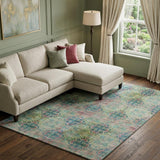 8' X 10' Green Blush And Teal Floral Medallion Distressed Washable Area Rug With UV Protection