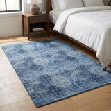 3' X 5' Navy Blue And Ivory Floral Medallion Distressed Washable Area Rug With UV Protection