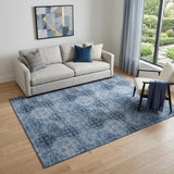 5' X 8' Navy Blue And Ivory Floral Medallion Distressed Washable Area Rug With UV Protection
