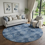 8' Navy Blue And Ivory Floral Medallion Distressed Washable Round Rug With UV Protection