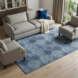 8' X 10' Navy Blue And Ivory Floral Medallion Distressed Washable Area Rug With UV Protection
