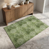 3' X 5' Olive Green And Ivory Floral Medallion Distressed Washable Area Rug With UV Protection