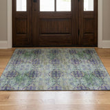 3' X 5' Purple Green And Ivory Floral Medallion Distressed Washable Area Rug With UV Protection