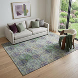 5' X 8' Purple Green And Ivory Floral Medallion Distressed Washable Area Rug With UV Protection