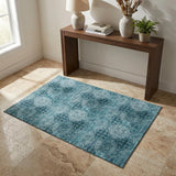 3' X 5' Teal And Ivory Floral Medallion Distressed Washable Area Rug With UV Protection