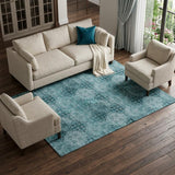 8' X 10' Teal And Ivory Floral Medallion Distressed Washable Area Rug With UV Protection