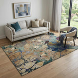 5' X 8' Beige Blue And Purple Abstract Distressed Washable Area Rug With UV Protection