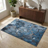 3' X 5' Blue Ivory And Gray Abstract Distressed Washable Area Rug With UV Protection