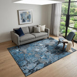 5' X 8' Blue Ivory And Gray Abstract Distressed Washable Area Rug With UV Protection