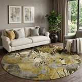 8' Brown Beige And Gold Abstract Distressed Washable Round Rug With UV Protection
