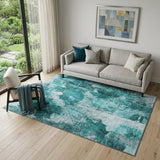 5' X 8' Teal And Ivory Floral Washable Area Rug With UV Protection
