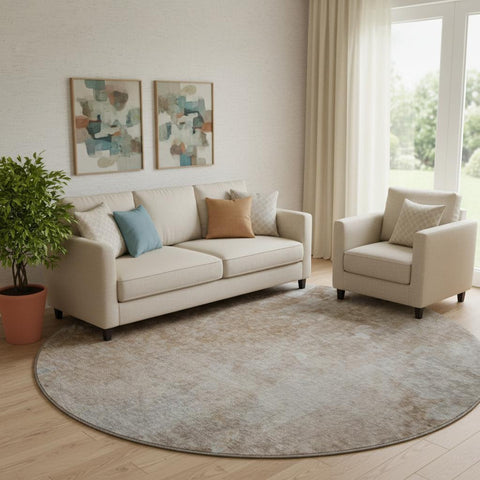 8' Coffee And Gray Abstract Washable Round Rug With UV Protection