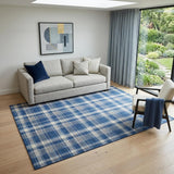 5' X 8' Navy Blue And Ivory Plaid Washable Area Rug With UV Protection