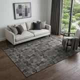 5' X 8' Gray And Charcoal Floral Medallion Washable Area Rug With UV Protection